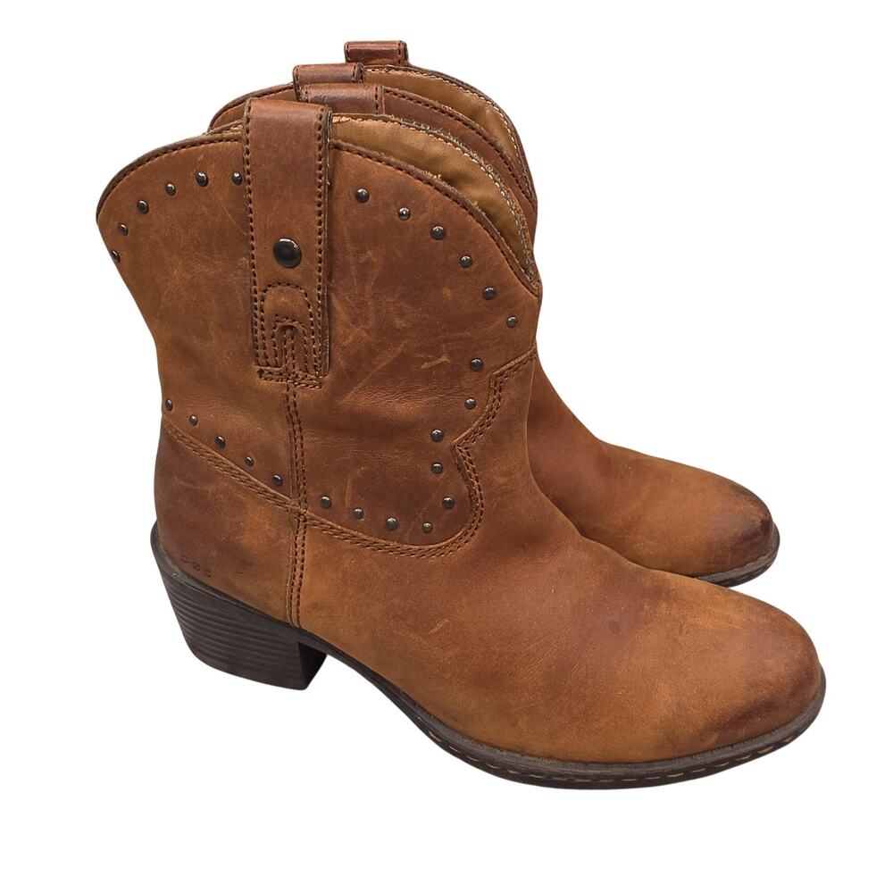 B.O.C. Boots Womens 7 38 Brown Leather Ankle Western Studded Booties Rustic Boho